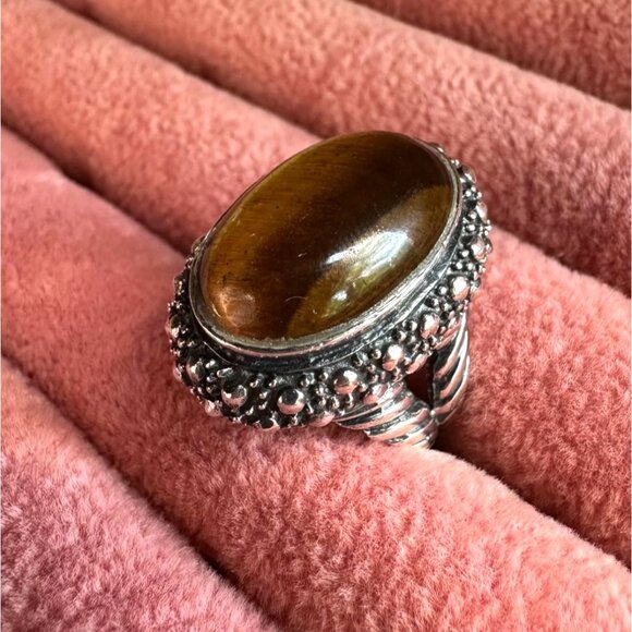 Tigers Eye Sterling Silver Oval Ring With Ornate Band & Beaded Detailing Size 6 - Picture 10 of 16